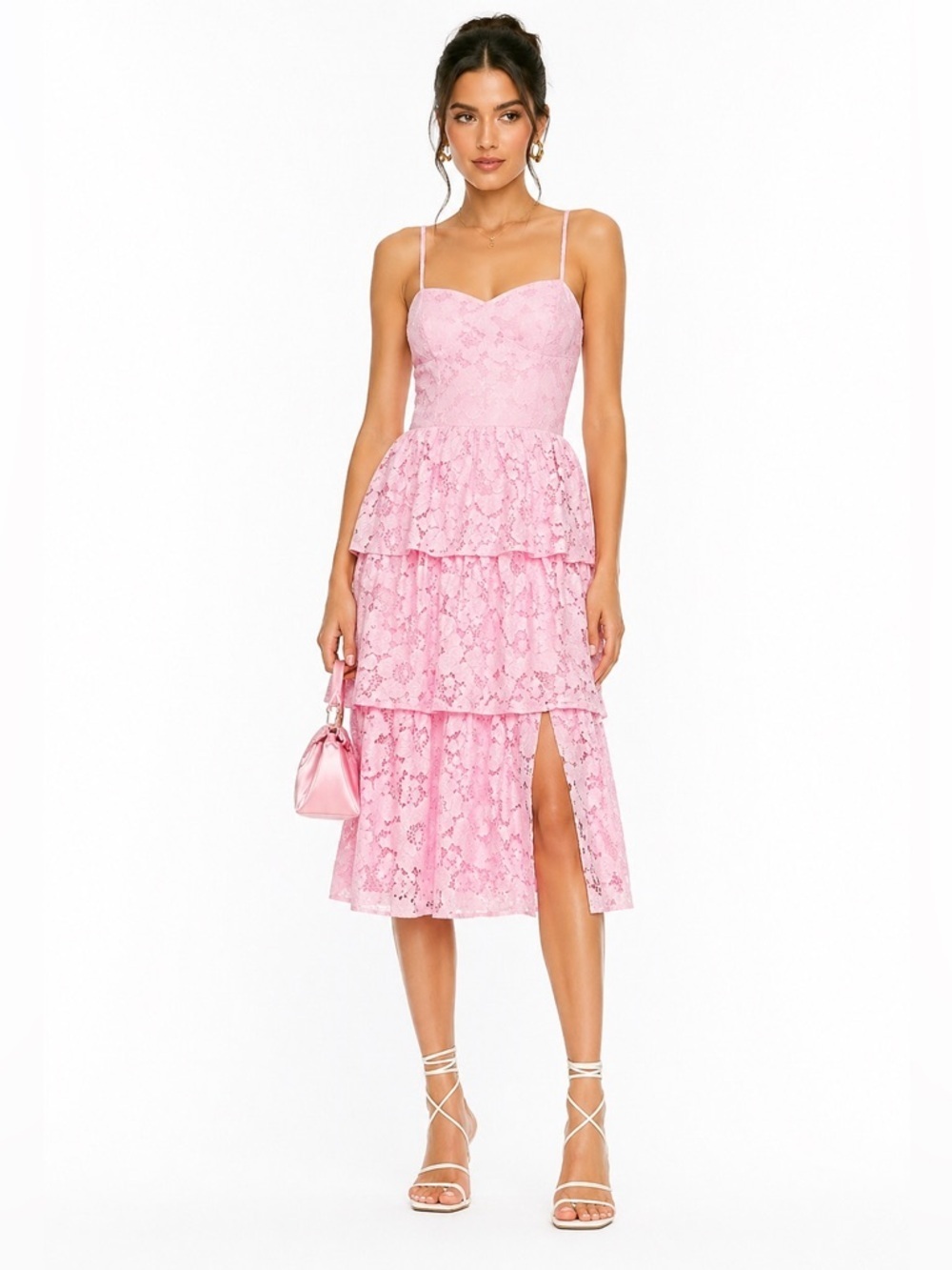 Amanda Uprichard Pink Lace Tiered Midi Dress NWT Size M